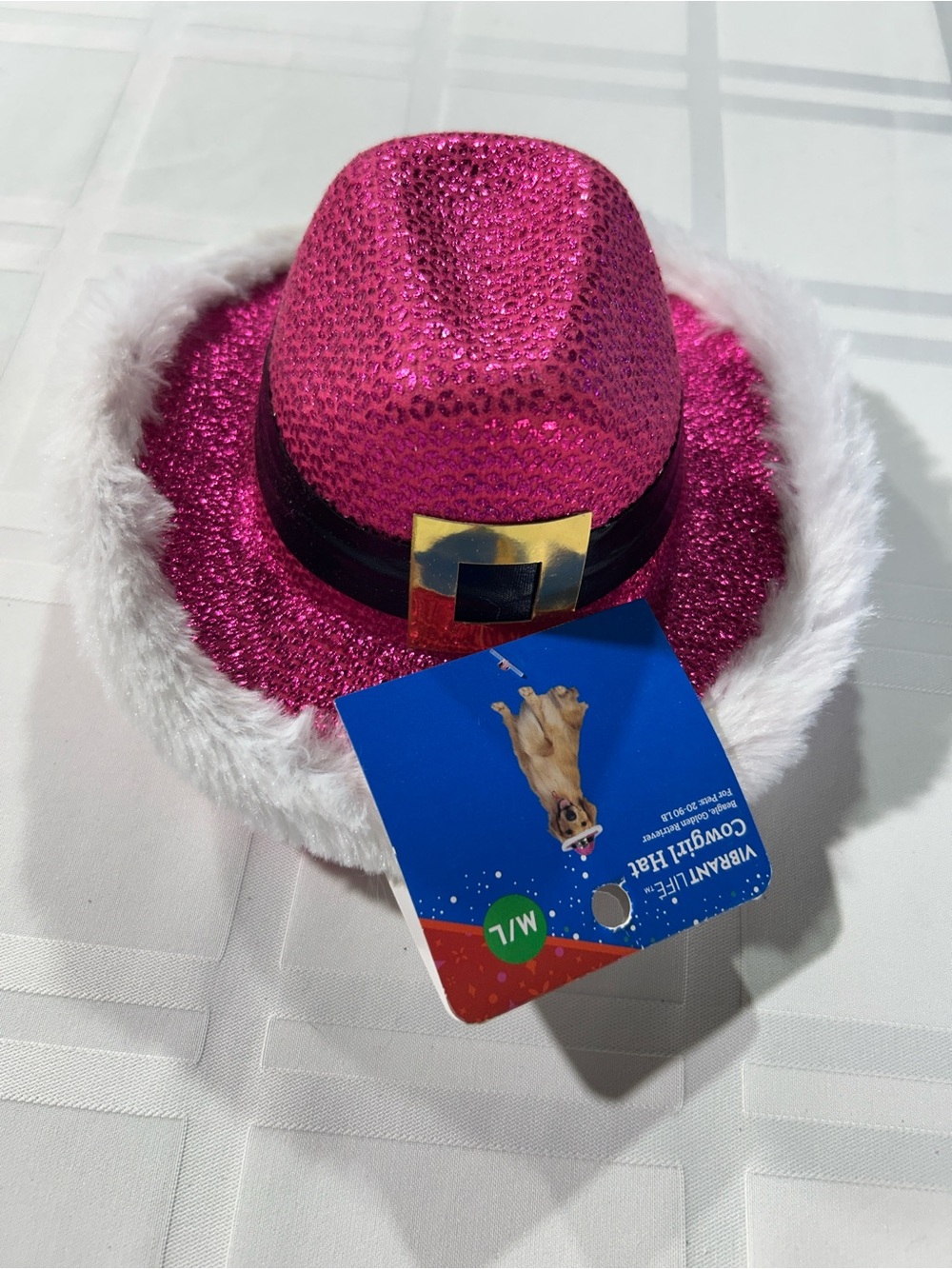 Vibrant Hot Pink Sequin Dog Holiday Cowboy Hat with White Fur Trim